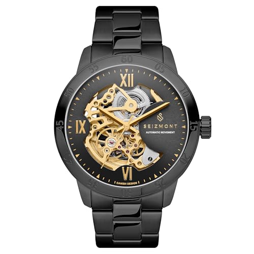Seizmont Herrenuhr – Herren Armbanduhr Automatik – Schwarze Skelettuhr mit goldfarbenem Uhrwerk – 316L Edelstahl & Saphirglas von Seizmont