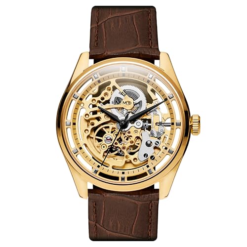 Seizmont by Trendhim Skelettuhr Herren Automatik | Goldfarbenes 316L Edelstahlgehäuse mit braunem Echtlederarmband | Mechanisches Uhrwerk mit Saphirglas und 5 ATM wasserdichte | Dänisches Design von Seizmont