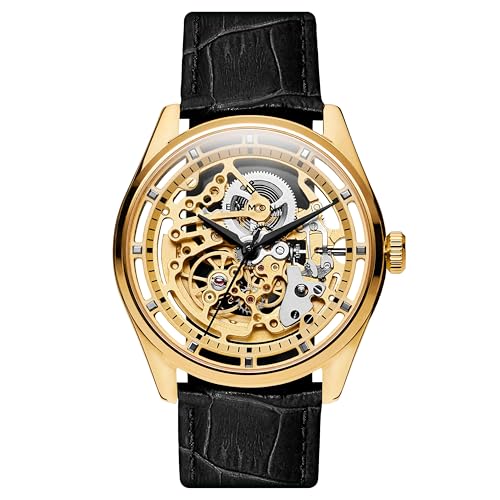 Seizmont by Trendhim Skelettuhr Herren Automatik | Goldfarbenes 316L Edelstahlgehäuse mit schwarzem Echtlederarmband | Mechanisches Uhrwerk mit Saphirglas und 5 ATM wasserdichte | Dänisches Design von Seizmont