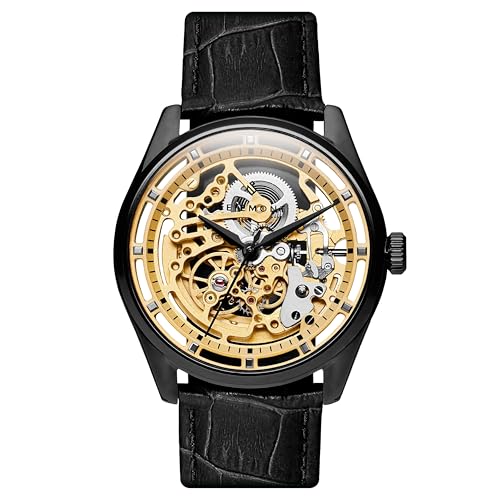 Seizmont by Trendhim Skelettuhr Herren Automatik | Schwarzes 316L Edelstahlgehäuse | Goldfarbenem Zifferblatt | Schwarzem Lederarmband | Saphirglas Mechanikwerk 5 ATM wasserdicht | Dänisches Design von Seizmont