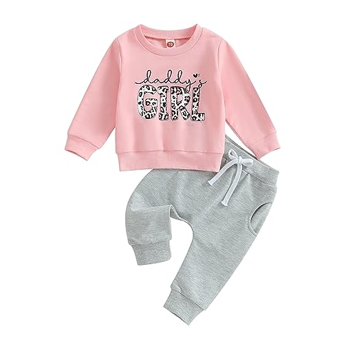 Kleinkind Baby Mädchen Kleidung Daddys Mädchen Langarm Pullover Sweatshirt Stretch Jogger Hose Säugling Herbst Winter Outfit, Leopardenmuster, Rosa, Grau, 0-6 Monate von Sejardin