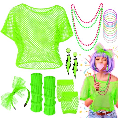 Sekepingo 80er Jahre Outfit Damen, 20 Stück 80er Jahre Kleidung Damen Set,Neon Net T-Shirt Neon-Stirnband Beinwärmer Netzhandschuhe Halskette ArmbandOhrring 90er Jahre Mottoparty Accessoires (Grün) von Sekepingo