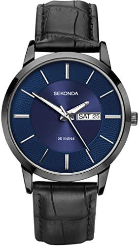 Sekonda 1922 Herren-Armbanduhr, analog, Quarz, blaues Zifferblatt, schwarzes Lederarmband von SEKONDA