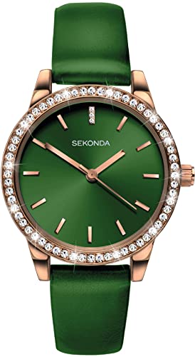 Sekonda Editions Damen-Armbanduhr Analog Quarz mit Gehäuse in Roségold und grünem Armband 40334 (physischer Artikel ist dunkler als auf den Bildern), Armband von SEKONDA