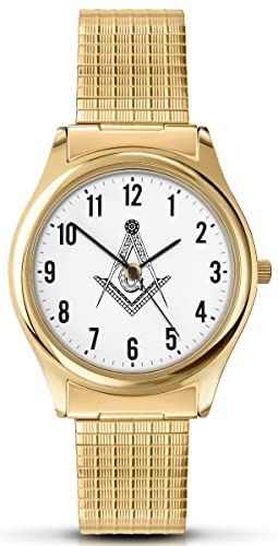 Sekonda Herren-Armbanduhr mit Freimaurer-Motiv, analog, Quarz, weißes Zifferblatt und goldfarbenem Dehnungsband, 90098 von SEKONDA