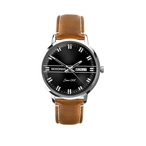 Sekonda Herren Quarzwerk Armbanduhr, 40.00mm GehäusegröÃŸe mit schwarz analog Zifferblatt und beige Leder Armband 1947 von SEKONDA