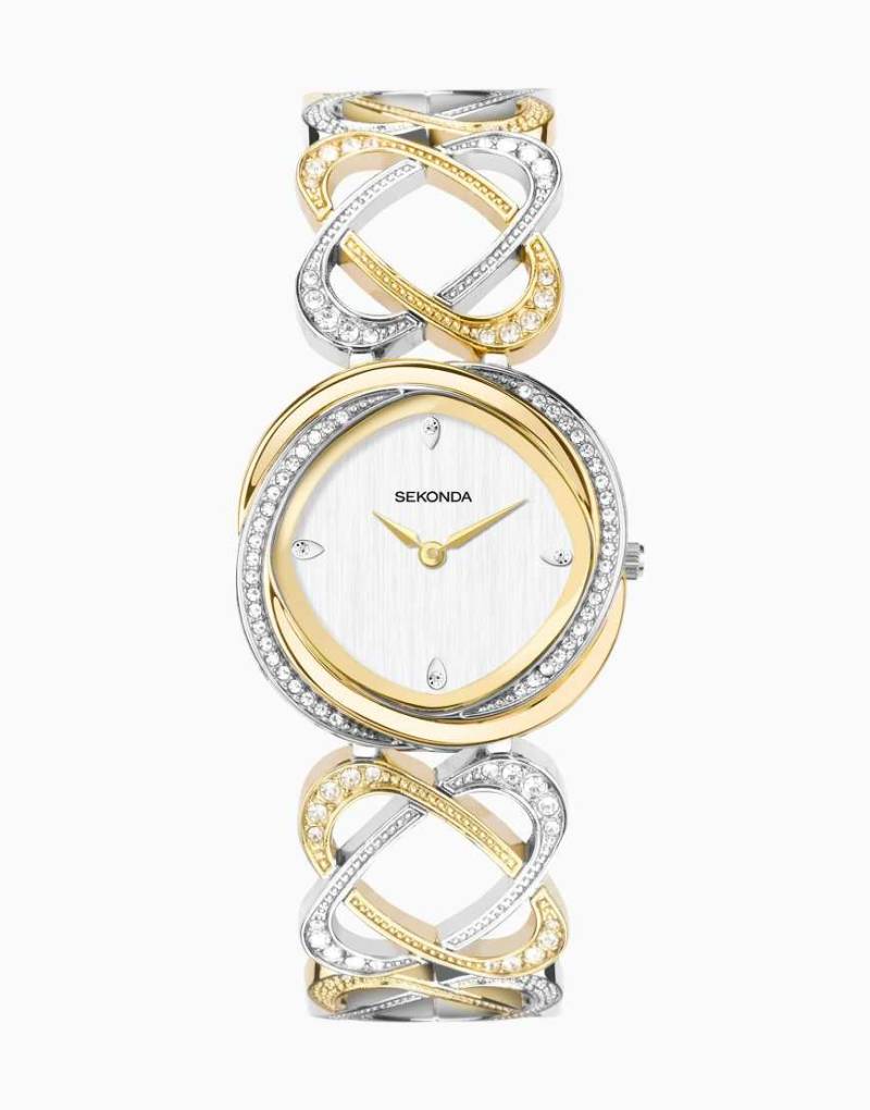 Sekonda - Hidden Hearts - Damenuhr mit silberfarbenem Zifferblatt mit 30 mm Durchmesser und legiertem Armband mit halbem Armreif-Design von Sekonda