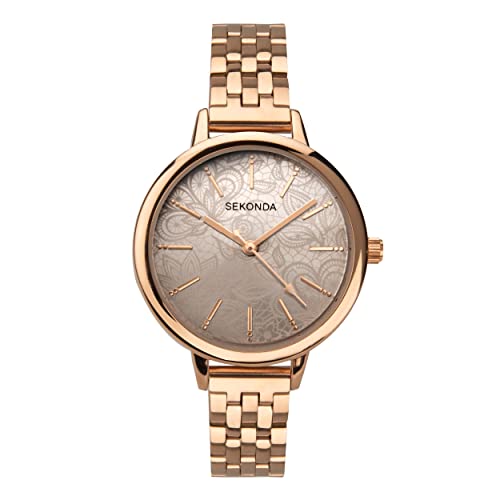 Sekonda Modische Uhr, graues Sonnenstrahl-Zifferblatt mit floralem Spitzenmuster in verschiedenen Armbandstilen, Rose Gold, Armband von SEKONDA