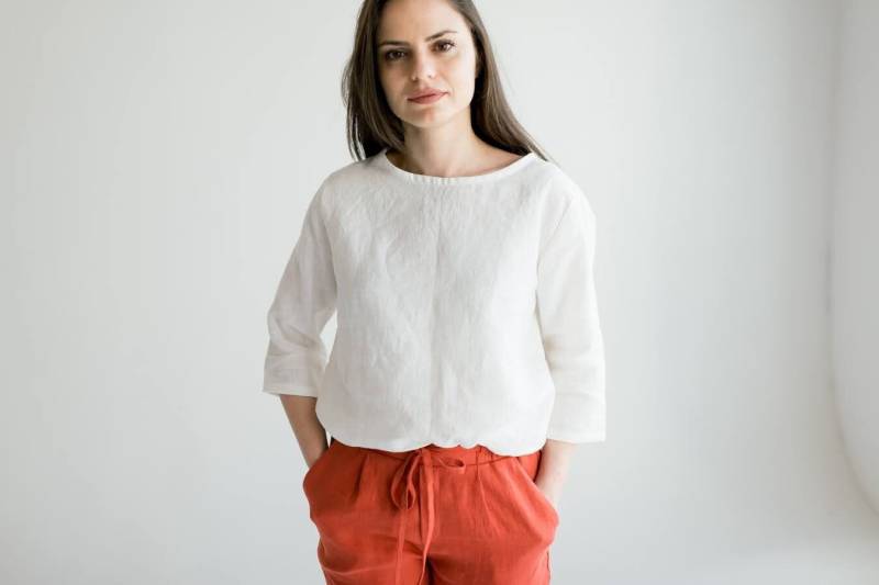 Frauen Leinenbluse Mit Peter Pan Kragen Und Langarm, Weiße Bluse, Weißes Hemd | Leinen Bekleidung Lockeres von SelanaClothing