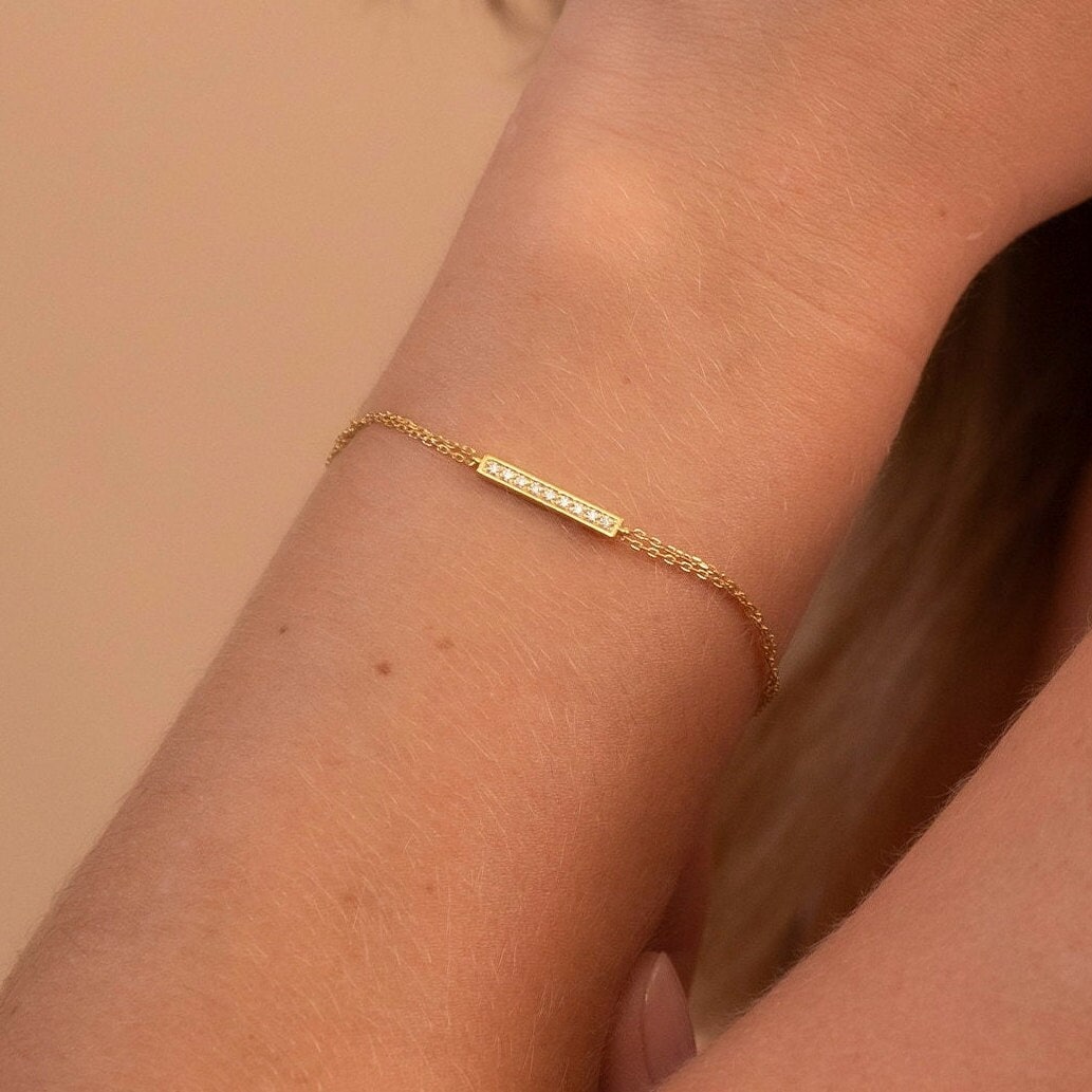 14K Solid Gold Bar Armband, Echt Doppel Kette, Premium Pave Setting Armband Für Sie, Handgemachter Feiner Schmuck Von Selanica von SelanicaFineJewelry