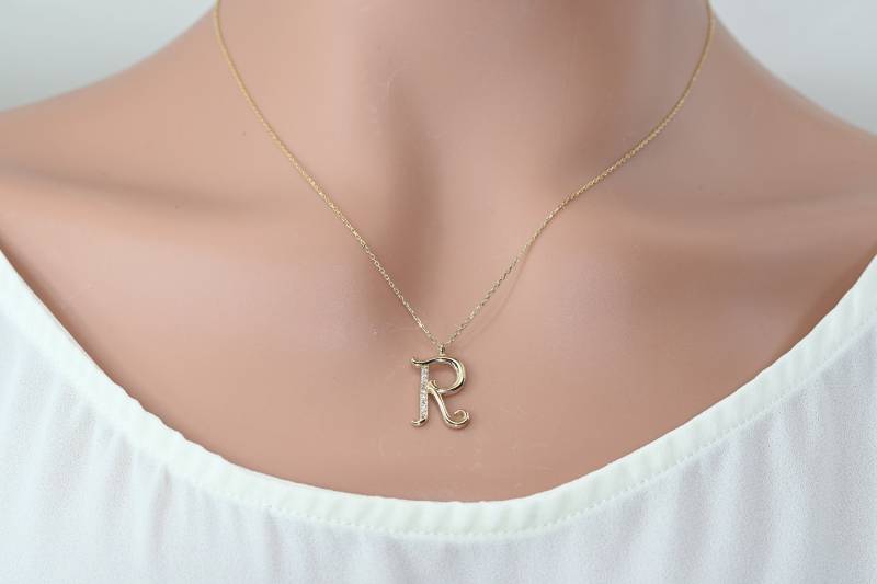 Gold Buchstabe R Moissanite Anhänger Halskette Initial Schmuck von SelanicaFineJewelry