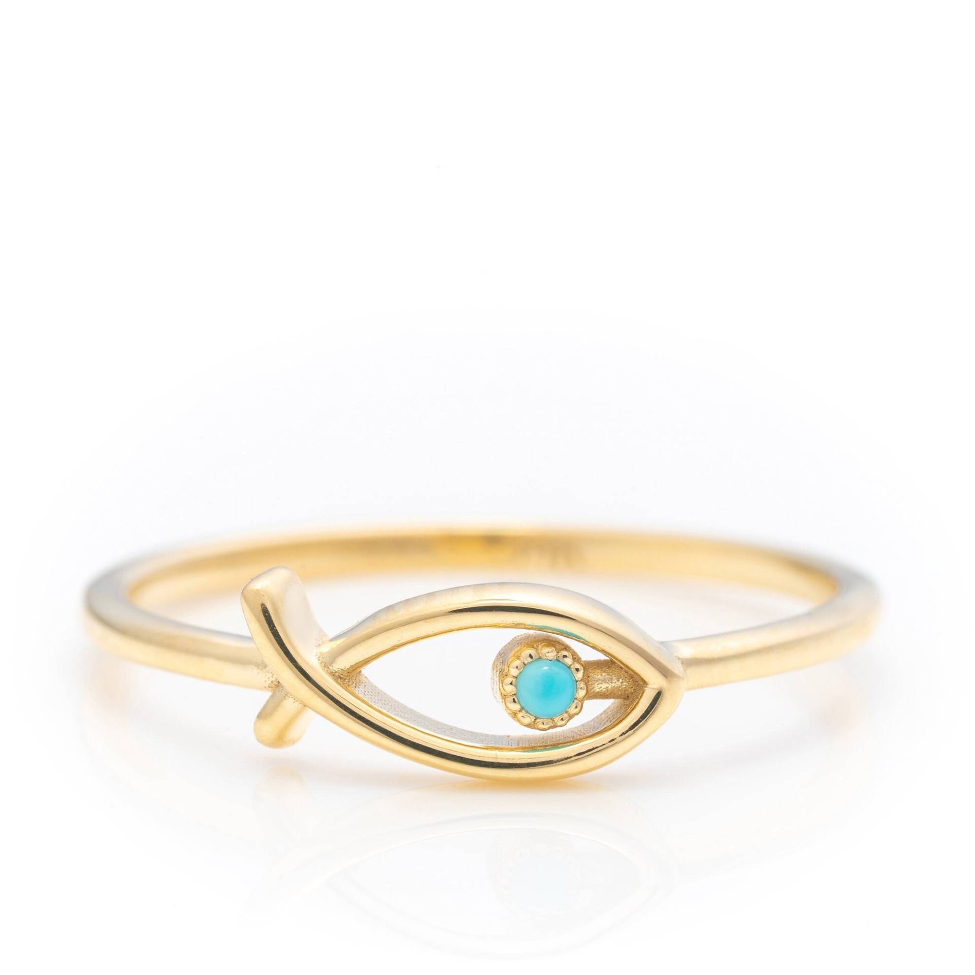 14K Solid Gold Türkis Fisch Ring, Echtgold Ichthys Handmade Premium Fine Schmuck Von Selanica von SelanicaFineJewelry