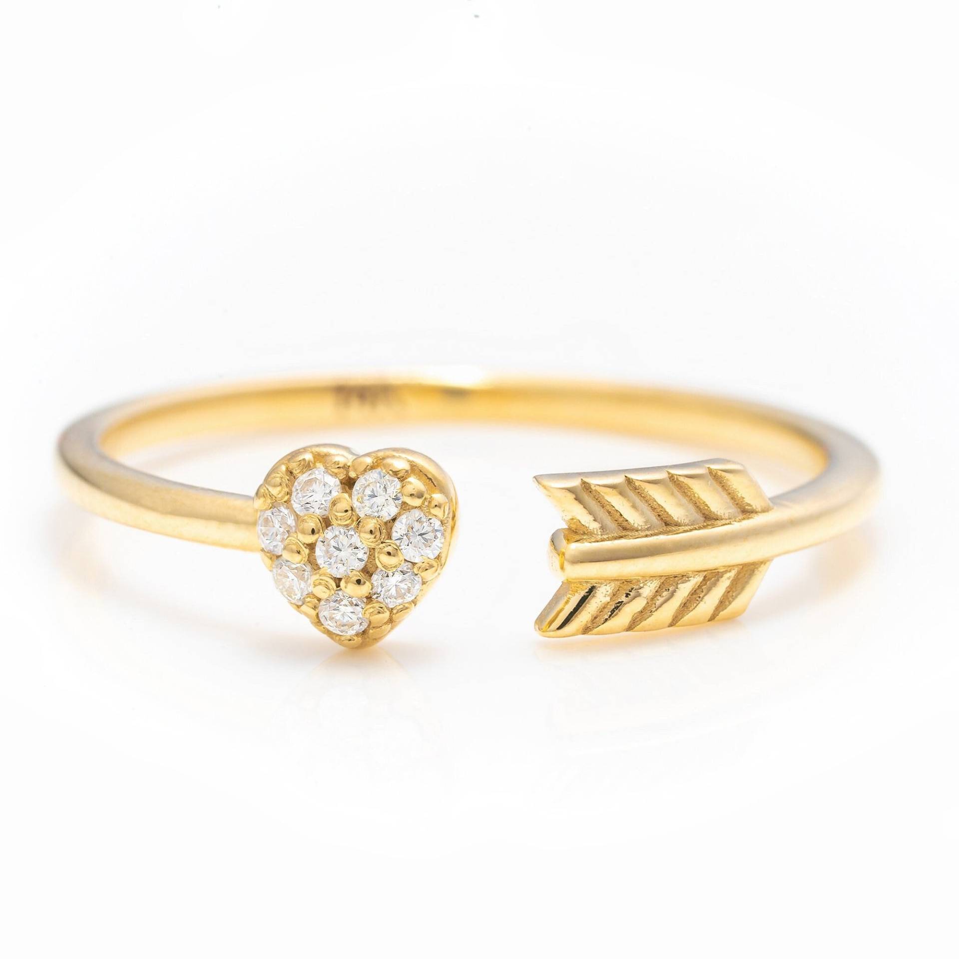 14K Solid Gold Zierlicher Pfeil Und Herz Ring, Echt Premium Offener Band Handgemachter Feiner Schmuck Von Selanica von SelanicaFineJewelry