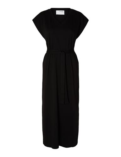 Selected Damen Sommerkleid Legeres Maxi Dress mit Bindegürtel V-Neck Knöchellang, Farben:Schwarz, Größe:XS von SELECTED FEMME