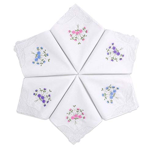 SelectedHanky Damen-Taschentücher aus Baumwolle mit Blumen bestickt mit Spitze, 6 Stück – sortiert von Selected Hanky