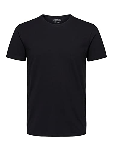 Herren Selected Basic T-Shirt | Einfarbiges Rundhals Kurzarm Shirt SLHNEWPIMA | Jersey Stretch Baumwolle, Farben:Schwarz, Größe:L von SELECTED HOMME