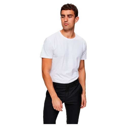 Herren Selected Basic T-Shirt | Einfarbiges Rundhals Kurzarm Shirt SLHNEWPIMA | Jersey Stretch Baumwolle, Farben:Weiß, Größe:XL von SELECTED HOMME