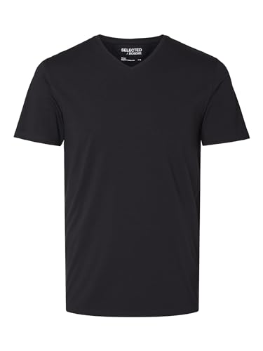 Herren Selected V-Ausschnitt T-Shirt | Einfarbiges Basic Kurzarm Shirt SLHNEWPIMA | Stretch Baumwolle, Farben:Schwarz, Größe:M von SELECTED HOMME