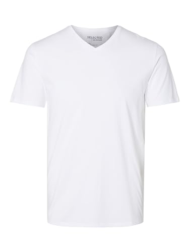 Herren Selected V-Ausschnitt T-Shirt | Einfarbiges Basic Kurzarm Shirt SLHNEWPIMA | Stretch Baumwolle, Farben:Weiß, Größe:L von SELECTED HOMME