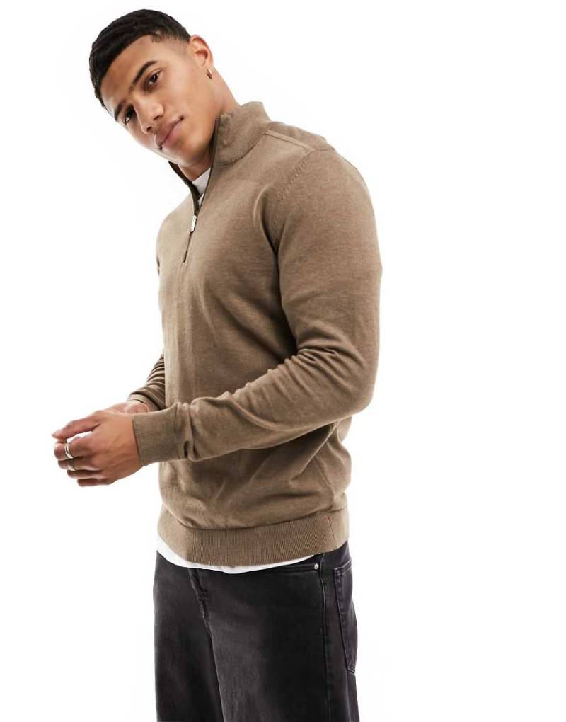 Selected Homme - Hochgeschlossener Strickpullover in Braun mit halblangem Reißverschluss von Selected Homme
