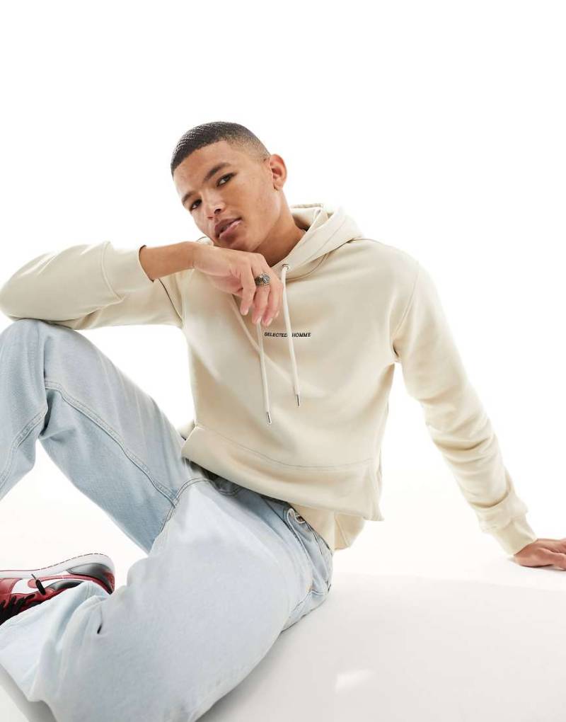 Selected Homme - Kapuzenpullover in Beige mit Logo-Stickerei-Neutral von Selected