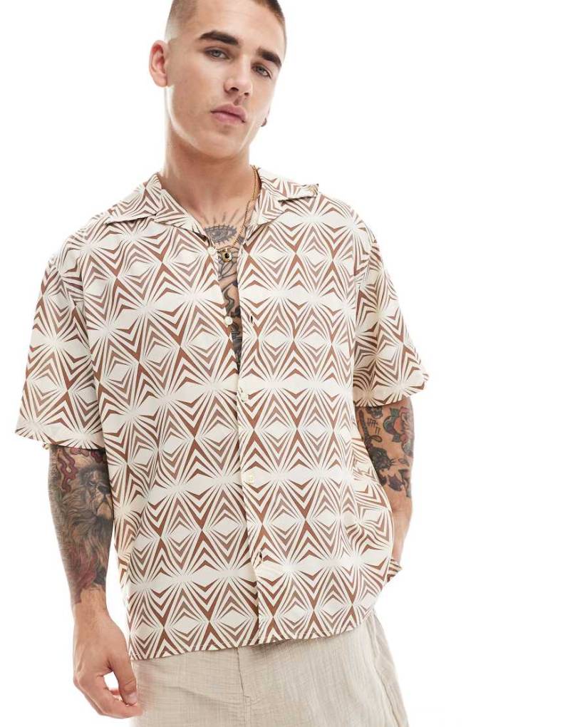 Selected Homme -Kurzärmliges Hemd in Beige mit geometrischem Muster-Neutral von Selected Homme