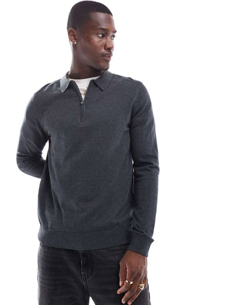 Selected - Langärmliges Polohemd aus 100% Baumwolle in Grau mit kurzem Reißverschluss von Selected