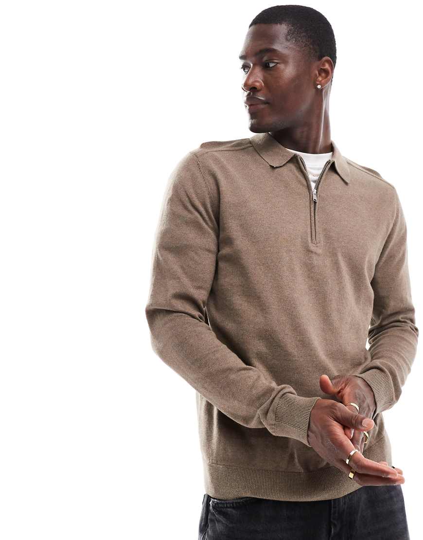 Selected Homme - Langärmliges Polohemd in Hellbraun mit kurzem Reißverschluss von Selected Homme