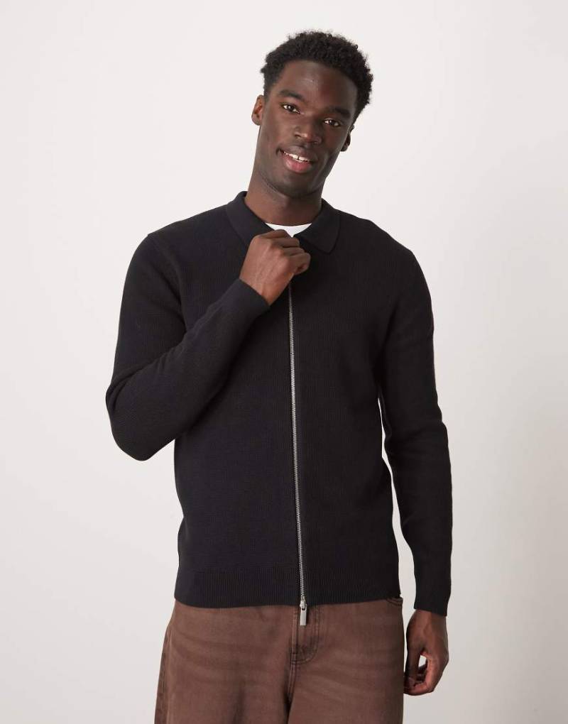 Selected Homme - Langärmliges Polohemd in Schwarz mit durchgängigem Reißverschluss von Selected Homme