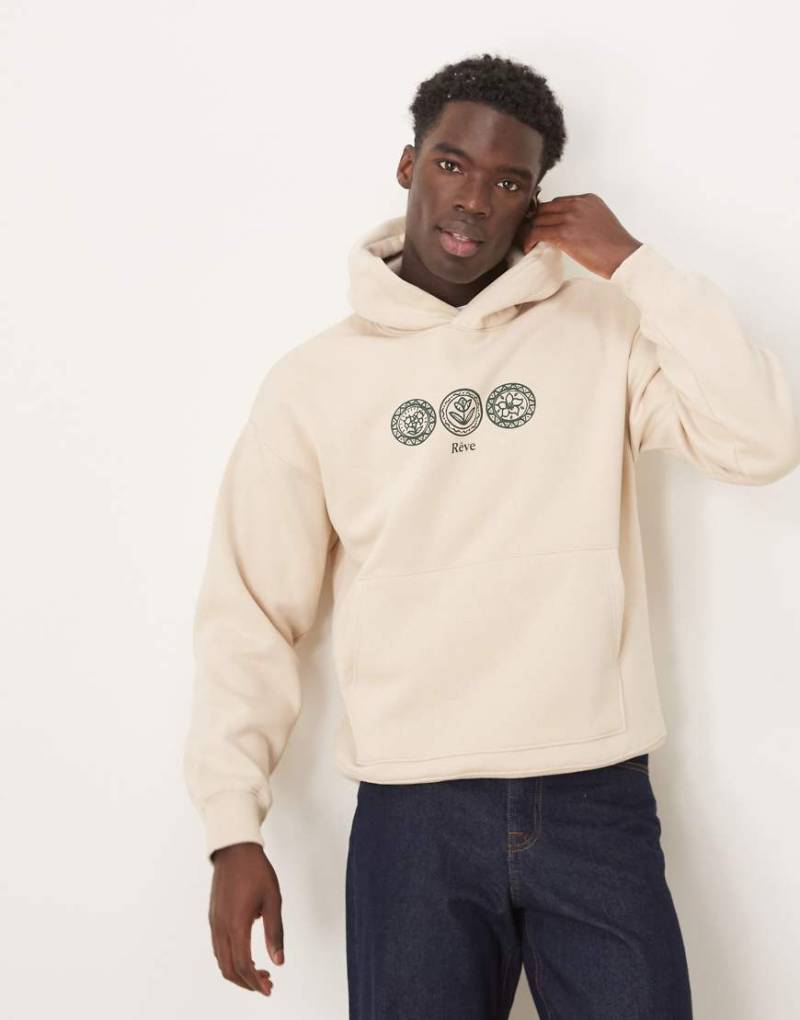 Selected Homme - Oversize-Kapuzenpullover in Beige mit mittigem Print-Neutral von Selected Homme