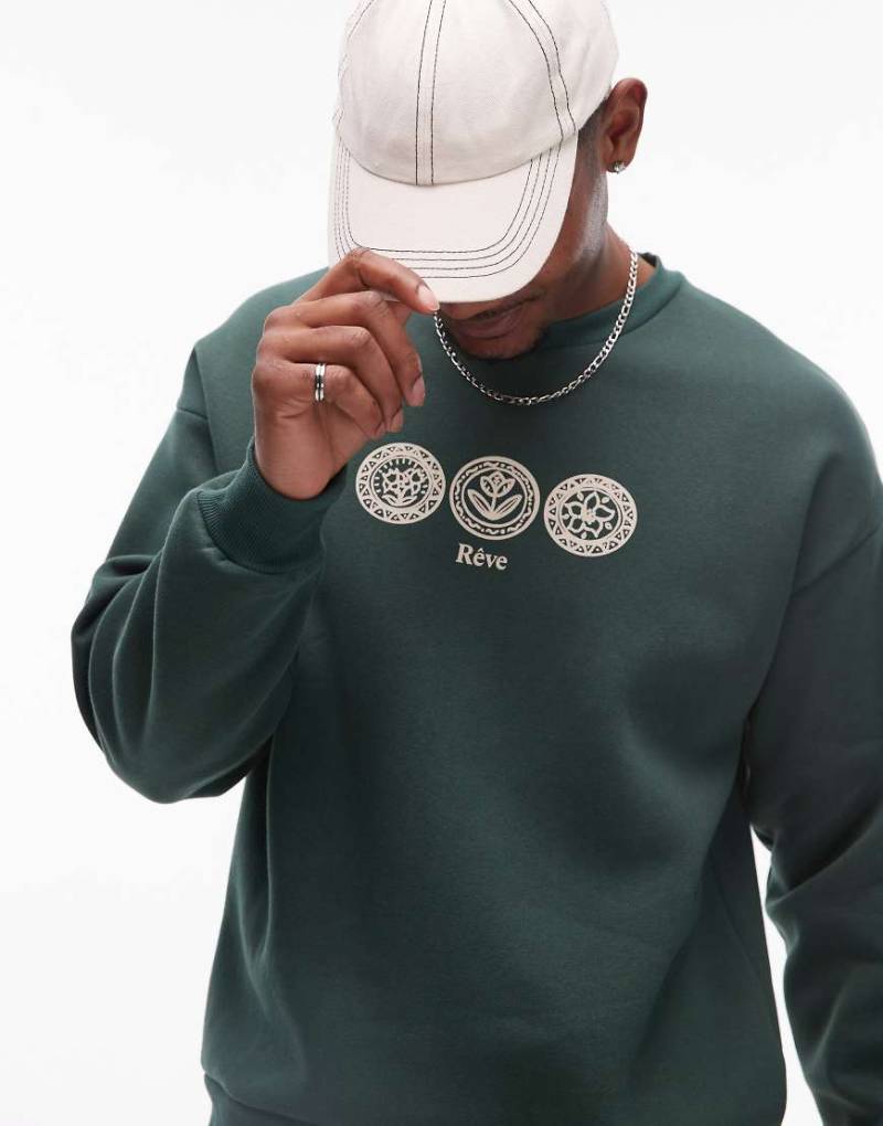 Selected Homme - Oversize-Sweatshirt in Grün mit Brustprint von Selected Homme