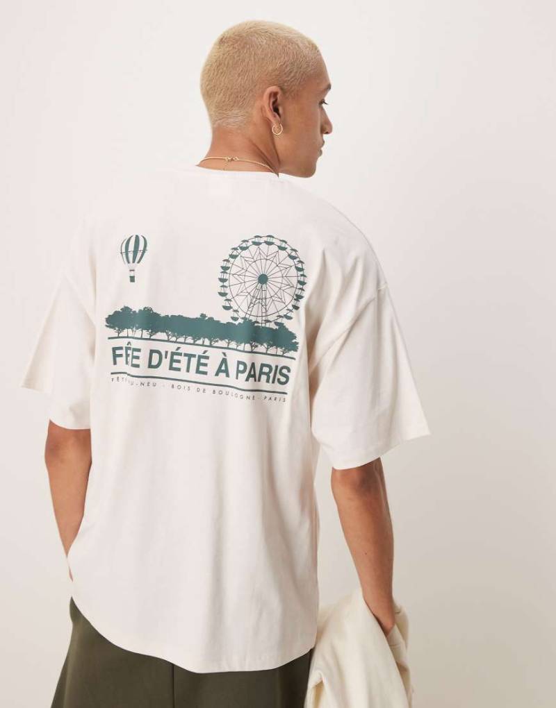 Selected Homme - Oversize-T-Shirt aus robustem Stoff in Creme mit „Paris"-Rückenprint-Weiß von Selected Homme