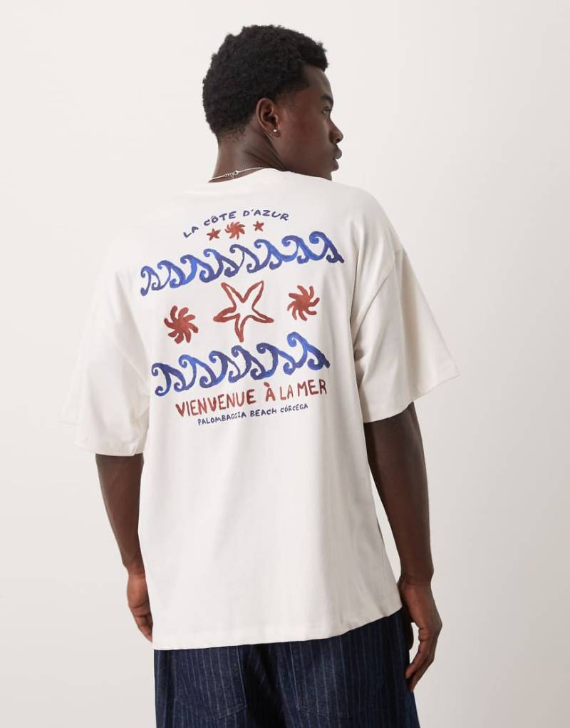 Selected - Schweres Oversize-T-Shirt in Wollweiß mit Meeresprint hinten von Selected