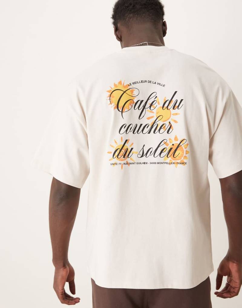 Selected - Schweres Oversize-T-Shirt in Creme mit Sonnen-Rückenprint-Weiß von Selected Homme