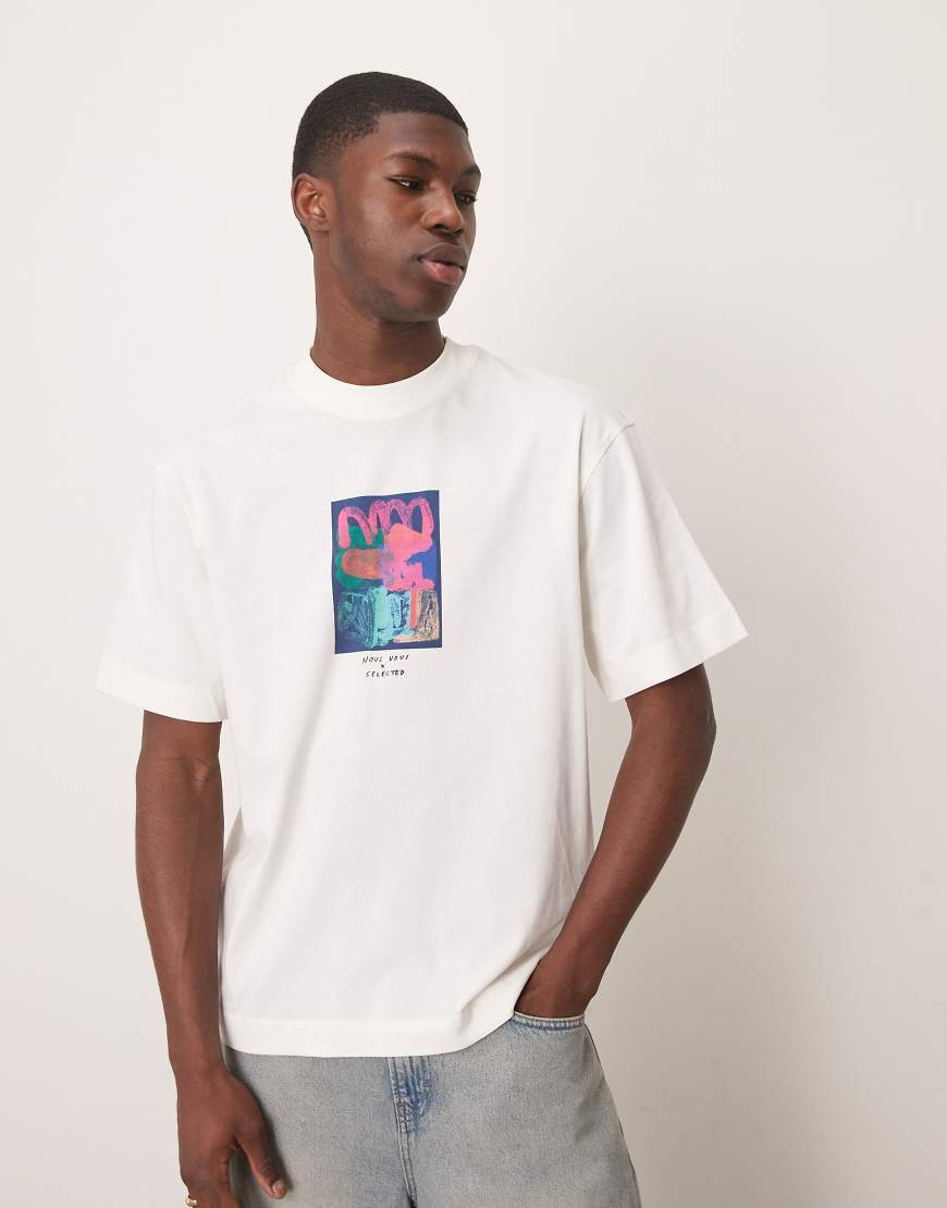 Selected Homme x Nous Vous - Oversize-T-Shirt in Creme mit Print auf der Brust-Weiß von Selected Homme