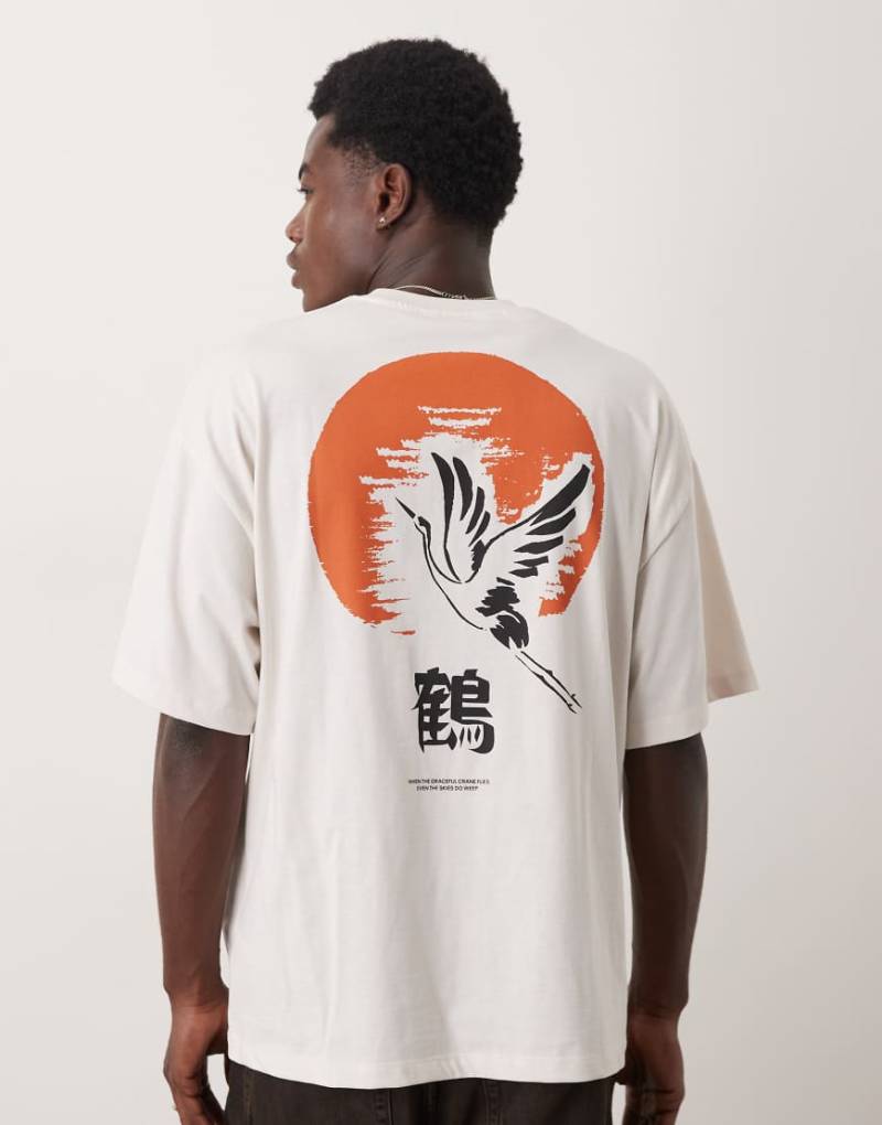 Selected - Oversize-T-Shirt in Wollweiß mit Kranich-Print auf dem Rücken von Selected