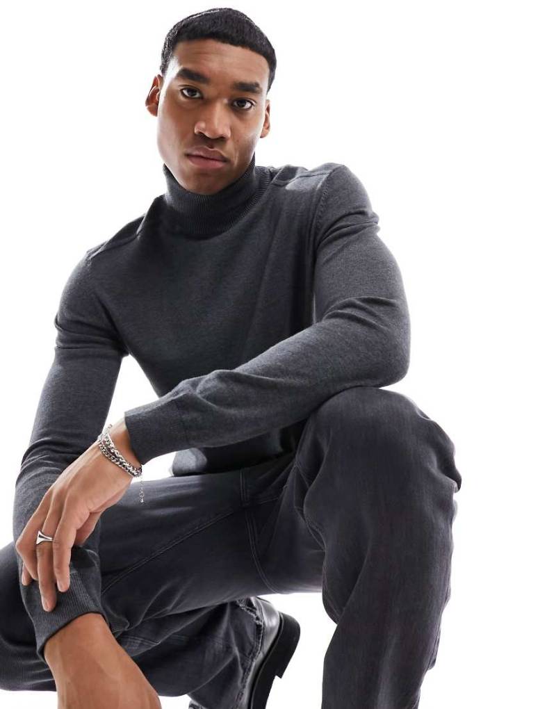 Selected Homme - Rollkragenpullover aus Strick in Dunkelgrau von Selected Homme