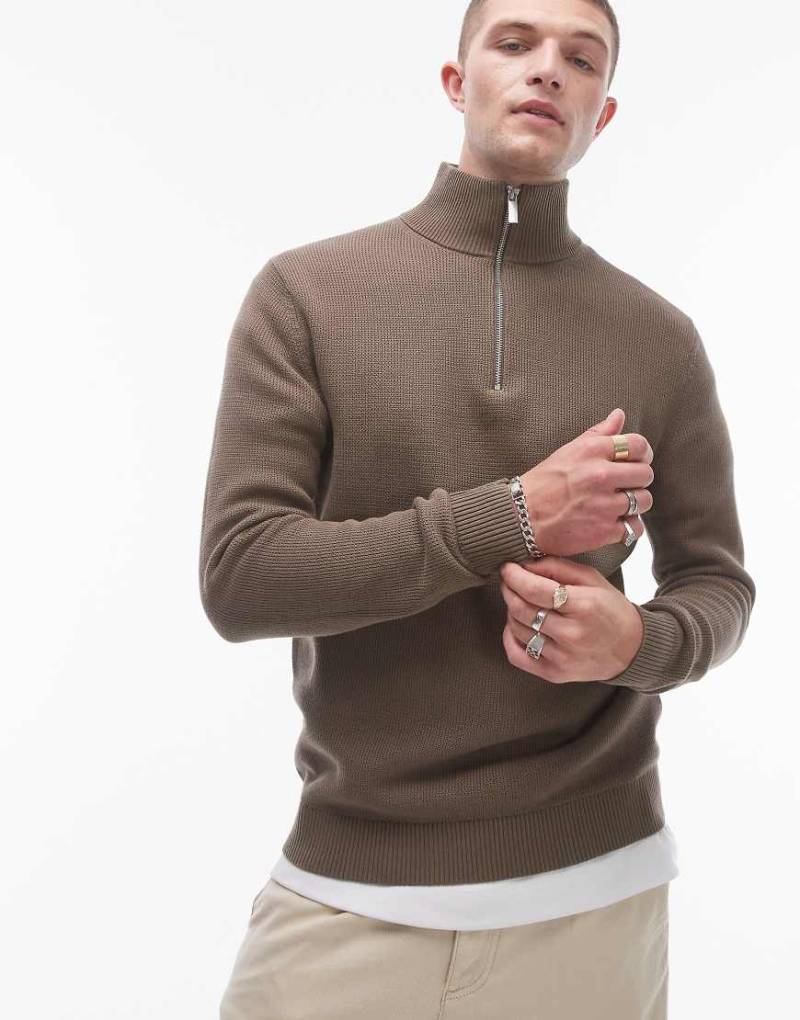 Selected Homme - Strickpullover in Hellbraun mit kurzem Reißverschluss von Selected Homme