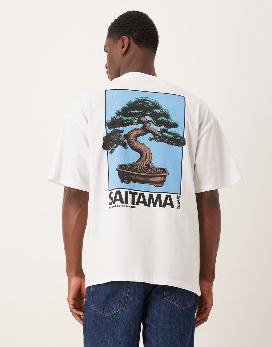 Selected - Oversize-T-Shirt in Weiß mit Bonsai-Print auf dem Rücken von Selected Homme