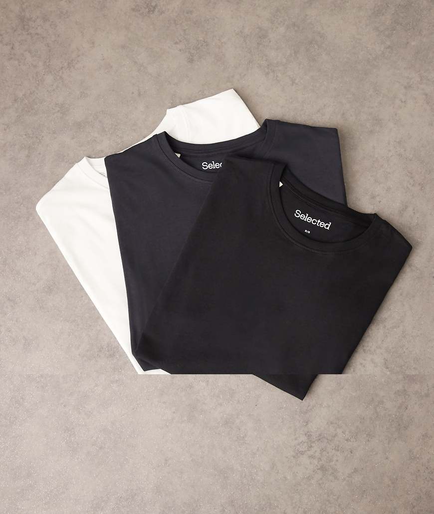 Selected - 3er-Pack Regular-Fit-T-Shirts aus 100% Baumwolle in Schwarz, Weiß und Marineblau-Bunt von Selected