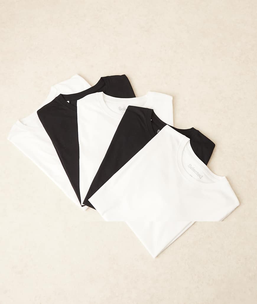 Selected - 5er-Pack Regular-Fit-T-Shirts in Schwarz und Weiß-Bunt von Selected