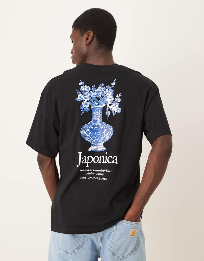 Selected Homme - Oversize-T-Shirt in Schwarz mit japanischem Vasen-Rückenprint von Selected