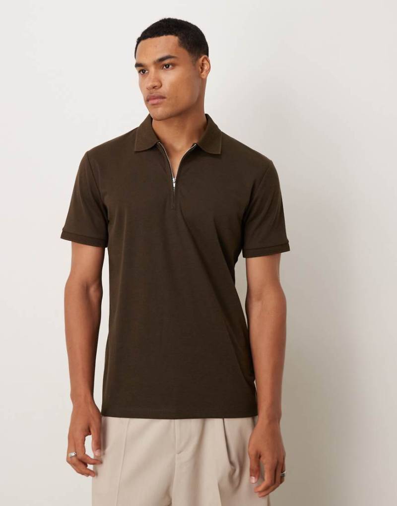 Selected - Polohemd in Braun mit kurzem Reißverschluss von Selected