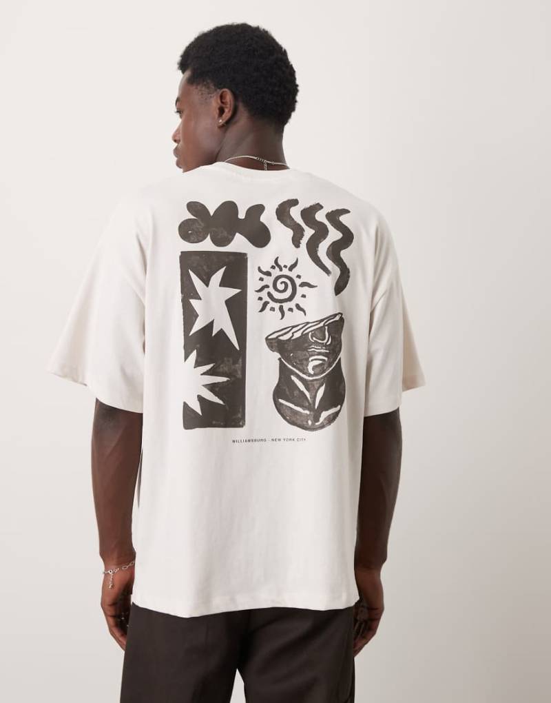 Selected - Schweres Oversize-T-Shirt in Wollweiß mit Kunstprint hinten von Selected