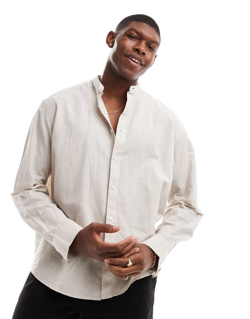 Selected - Oversize-Hemd aus Leinenmix in Beige mit Grandad-Kragen-Neutral von Selected