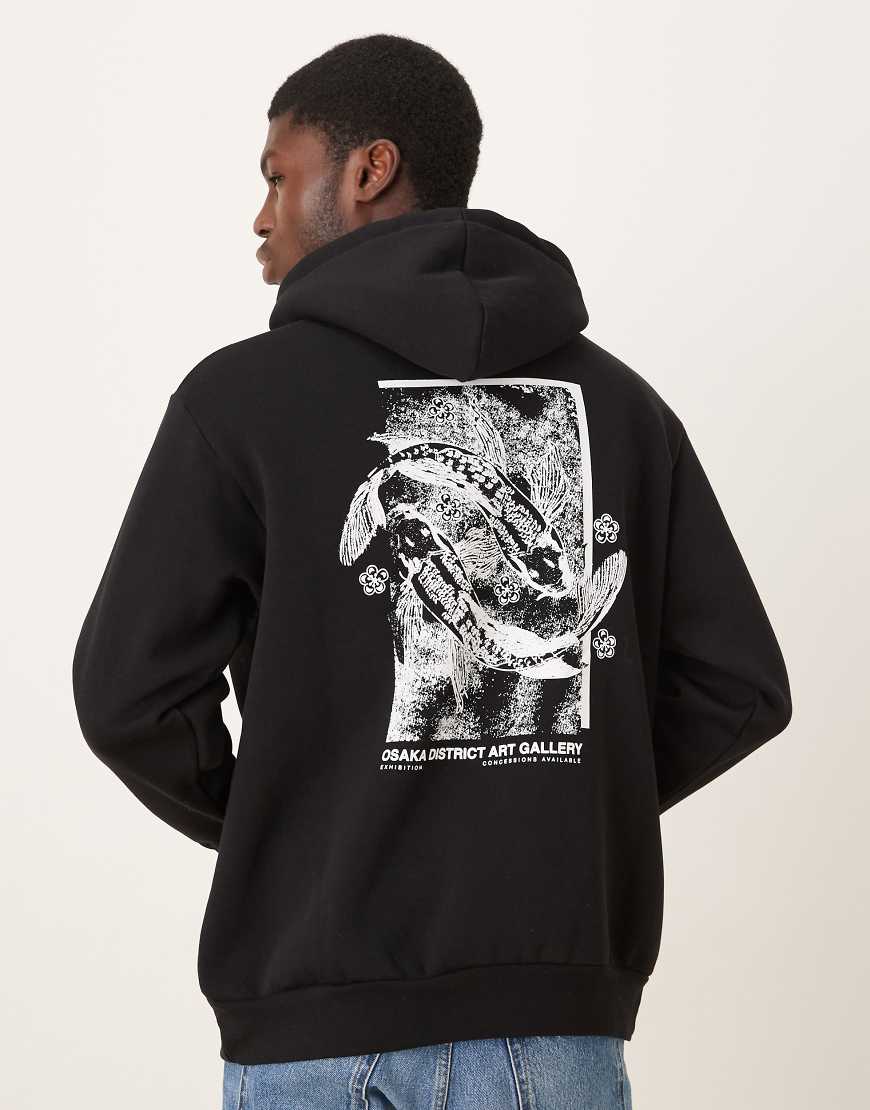 Selected - Oversize-Kapuzenpullover in Schwarz mit Koi-Karpfen-Grafikprint hinten-Grau von Selected