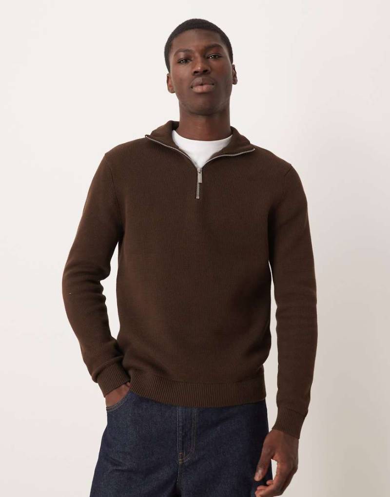 Selected - Strickpullover aus 100% Baumwolle in Braun mit kurzem Reißverschluss-Brown von Selected