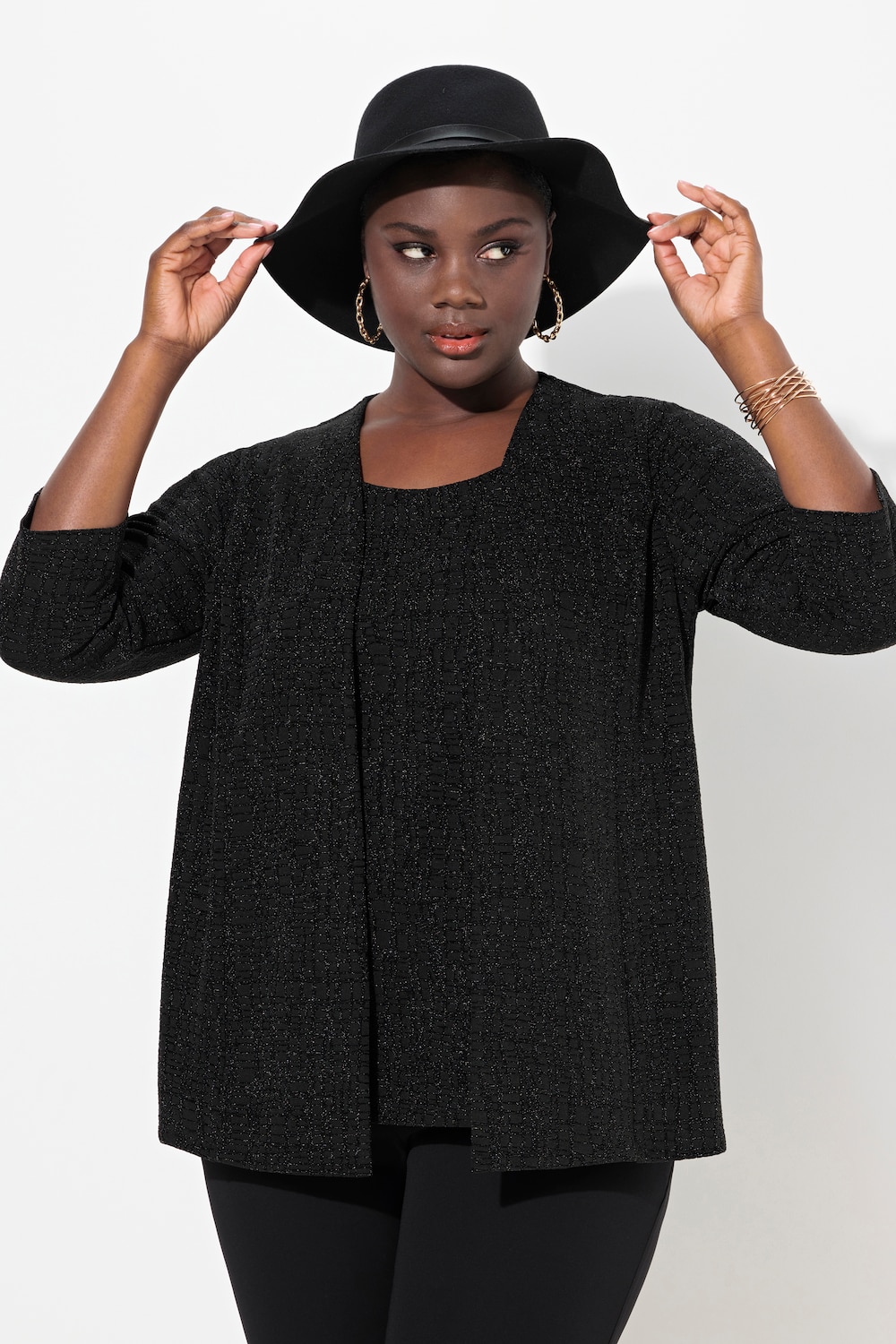 Große Größen 2-in-1-Blusenshirt, Damen, schwarz, Größe: 58/60, Polyester/Metallische Fasern, Ulla Popken von Selection