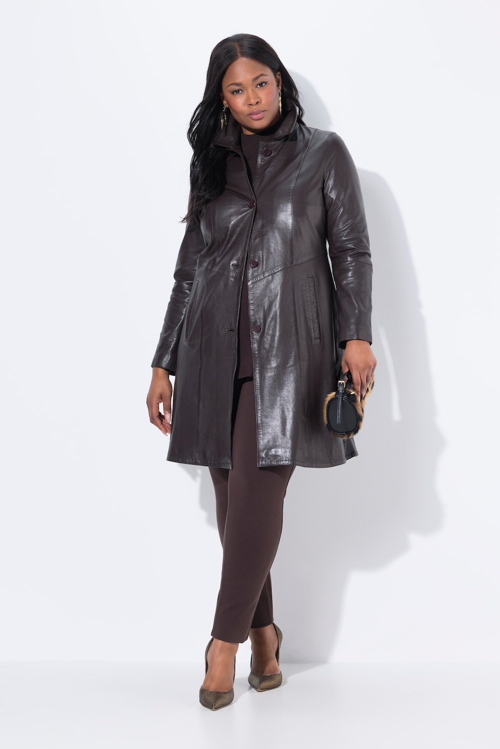 Große Größen Leder-Swingermantel, Damen, braun, Größe: 56, Polyester/Leder, Ulla Popken von Selection