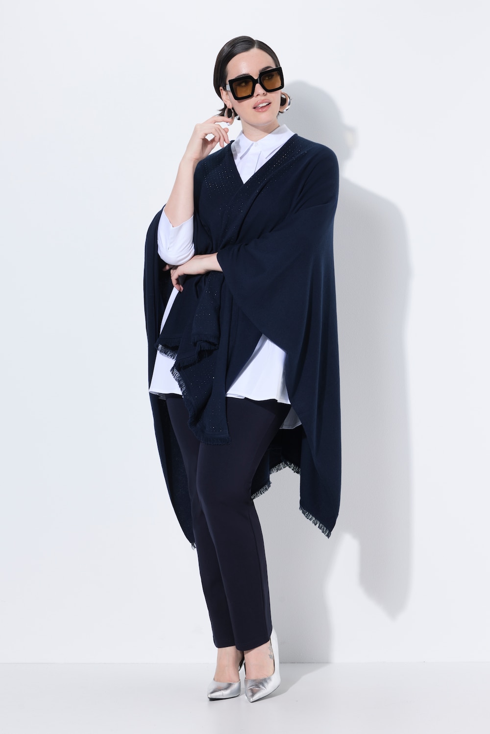 Große Größen Strickponcho, Damen, blau, Größe: 1=42-48, Baumwolle/Polyester/Synthetische Fasern, Ulla Popken von Selection